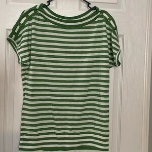 Talbots Green & white striped short sleeve blouse with button design NWT